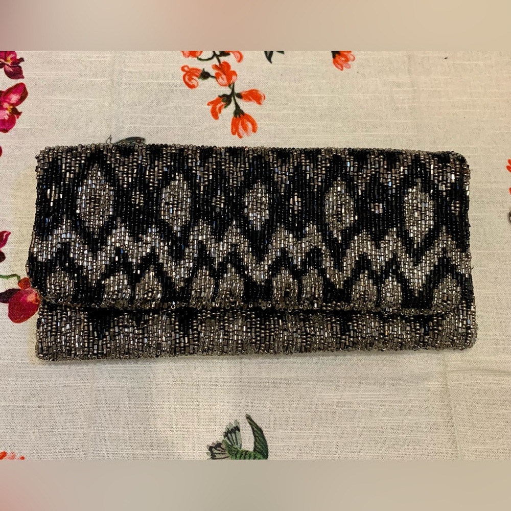Moyna NY Black and Silver Shiny Hand Beaded Clutch